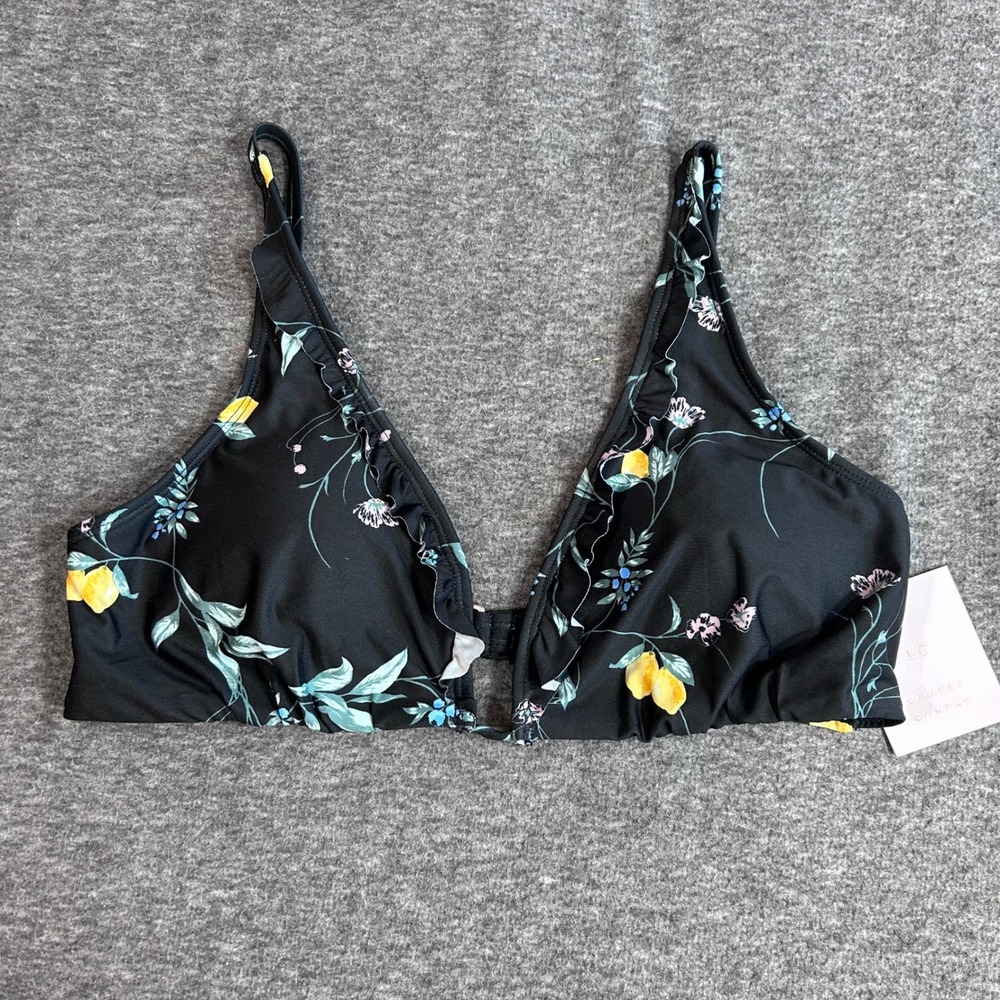 LC Lauren Conrad Womens Lemon Floral Ruffle Halter Bikini Top Black Yellow L
